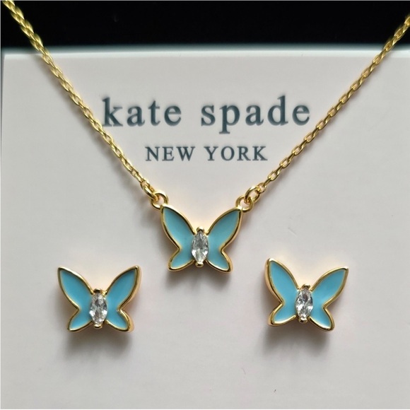kate spade Jewelry - Kate Spade Blue and Gold Social Butterfly Necklace and Earrings Set - NEW
15”